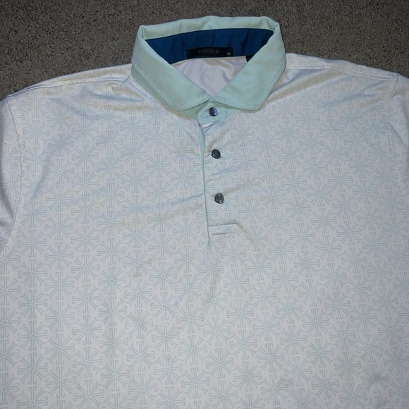 Greyson Other - Greyson Mens XL Golf Polo Shirt White Mint Collar Snowflake Geometric Pattern